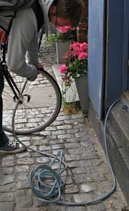 Wheels can be pumped up near a bicycle shop